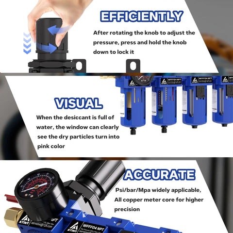 Half Inch NPT Air Dryer for Compressors, Four Stage Water Separator With Brass Filter And Coalescing Filter, pressure adjustment