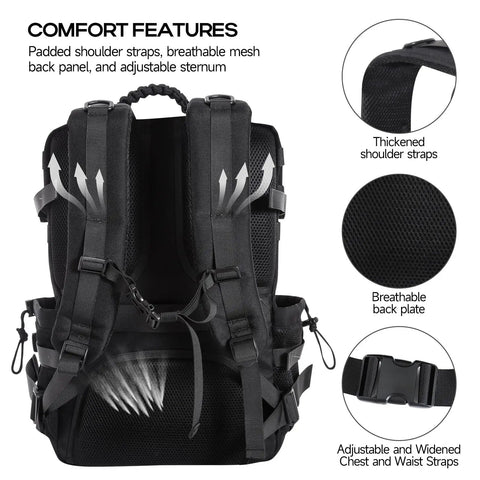 Back view of 35L Tactical Backpack With Shoe Compartment For Men, showcasing padded straps and breathable mesh back in black.