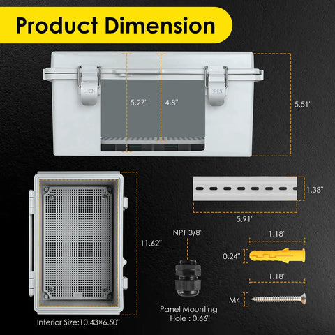 Outdoor Rugged Waterproof Electrical Junction Box IP67 Weatherproof Plastic Enclosure dimensions and components