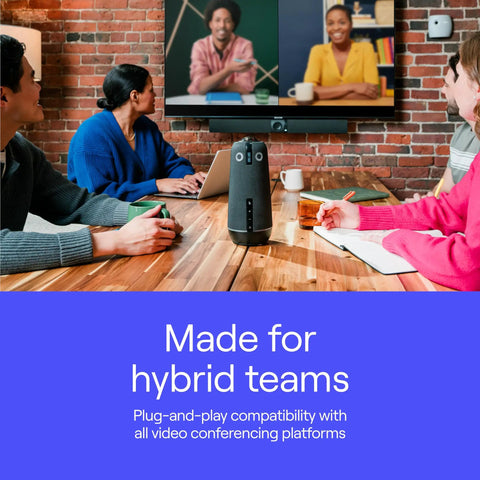 Boss Level 360 Degree 4K Smart Video Conference Camera with Crisp Surround Mic in a meeting setup featuring laptops and notes.