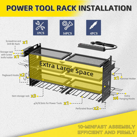 Heavy Duty Power Tool Organizer Wall Mount With Charging Station And Drill Holder, 600 Lb Capacity, Battery Shelf, 24 Inch