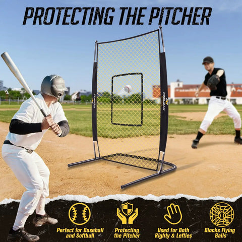 Beefed Up 7x4 Foot Baseball Pitching Screen With Home Plate And Pitcher Plate, Heavy Duty 600D Tear Resistant Mesh in use on field