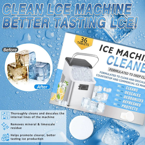Ice Maker Cleaner Tablets Descaler 36 Pack For Portable Countertop And Nugget Ice Makers, nickel-safe tablet box with ice maker and before-after cubes