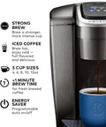 Kick Up Your Morning Routine With This Dope Single Serve Coffee Maker Featuring K Cup Compatibility Strong Brew And Iced Settings Programmable Temp Control Plus Multiple Cup Sizes In Solid Brushed Slate, showcasing brewing options and cup sizes.