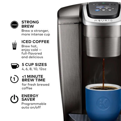 Kick Up Your Morning Routine With This Dope Single Serve Coffee Maker Featuring K Cup Compatibility Strong Brew And Iced Settings Programmable Temp Control Plus Multiple Cup Sizes In Solid Brushed Slate, showcasing brewing options and cup sizes.