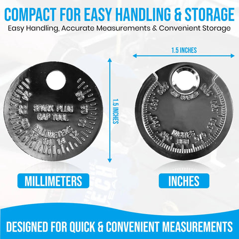 Two chrome spark plug gap gauges showing metric and inch measurements from 0.02 In to 0.1 In and 0.5 mm to 2.5 mm.