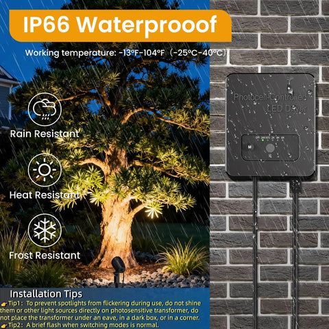 Low Voltage Landscape Lighting Kit With 100W Transformer, 12W LED Garden Lights, waterproof outdoor light on tree, IP66 rated