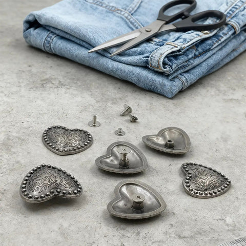 Kick Up Your Craft Game With Heart Shaped Rivets Screw Back Zinc Alloy Studs Solid Silver Metal Conchos for DIY Projects and jeans.