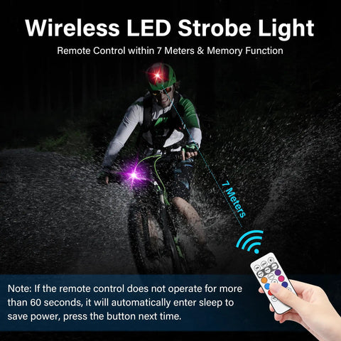 Cyclist using eight color wireless LED car lights with remote control USB rechargeable strobe kit IP65 waterproof easy install