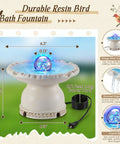 Outdoor Bird Bath Fountain With LED Light And 5W Submersible Pump Crystal Ball Accent Vintage White Resin Tower Water Feature For Garden Yard Patio Or Pond Easy To Install And Weather Resistant For Birds And Pets with measurements and features shown