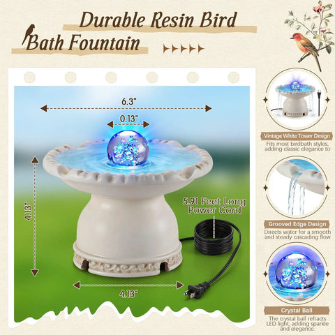 Outdoor Bird Bath Fountain With LED Light And 5W Submersible Pump Crystal Ball Accent Vintage White Resin Tower Water Feature For Garden Yard Patio Or Pond Easy To Install And Weather Resistant For Birds And Pets with measurements and features shown