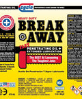 Product label of Breakaway Fast Penetrating Oil For Rusted Joints And Bolts, showing instructions and certifications.