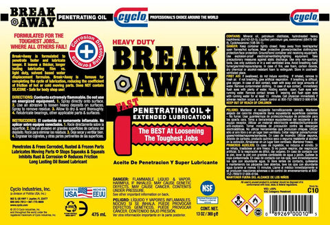 Product label of Breakaway Fast Penetrating Oil For Rusted Joints And Bolts, showing instructions and certifications.