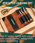 Solid Spoon Carving Kit With Dang Sharp Hook And Chip Knives Delivering Knockout Sloyd Whittling Experience with tools in leather case.