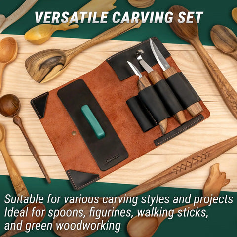 Solid Spoon Carving Kit With Dang Sharp Hook And Chip Knives Delivering Knockout Sloyd Whittling Experience with tools in leather case.