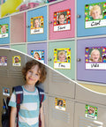 Colorful lockers with 36 piece kids photo nameplates for desks with photo space up to 2.4 by 2.75 inches in classroom setting.
