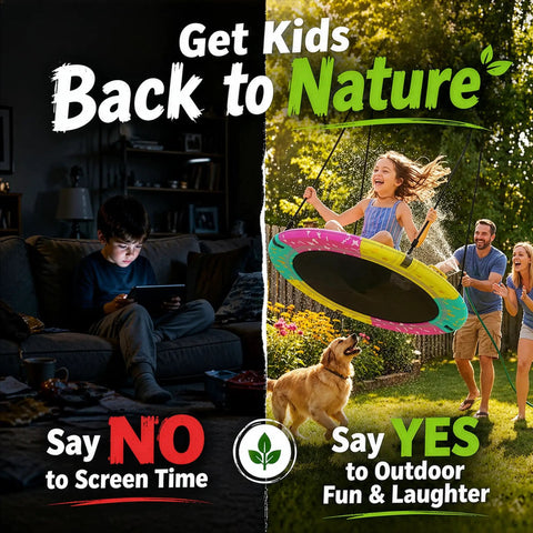 Split image showing a child indoors with a tablet versus a happy family using All Weather Saucer Swing For Kids And Grownups in sunny garden.