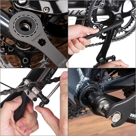 Detailed view of All-In-One Bike Tool Kit With Storage Case, showing four bicycle repair tools in use on bike components