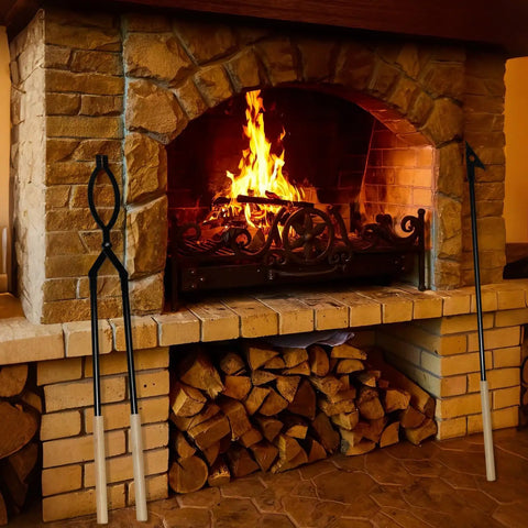 42 Inch Detachable Fire Tongs And Poker Set With Carrying Bag Heavy Duty Fire Pit Tools beside lit indoor fireplace