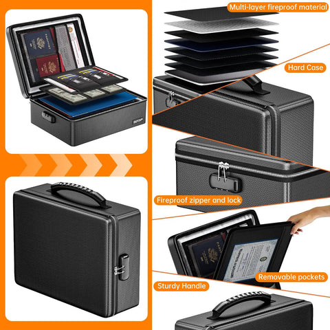Beefy Fireproof Document Box Hard Case With Fireproof Zipper And Lock, 6400F Heat Insulation, Black, displaying compartments