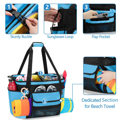 XL Beach Tote Bag With Insulated Cooler Compartment And Wet Dry Separation showcasing features for swim and travel essentials