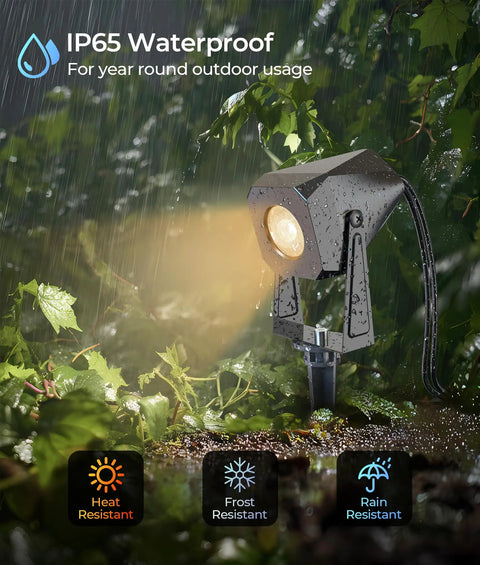 Outdoor Landscape Lighting 4 Pack Low Voltage LED Spotlight Kit 12V 2700K Warm White IP65 Waterproof illuminating plants in rain