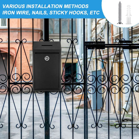 Locking Metal Donation Box With Wall Mounted Cash Box And Suggestion Slot installed on black wrought iron gate outdoors