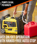 Battery Powered Stick Transfer Pump With Aa Batteries And 39 Inch Hose Flows Gas Or Diesel Smoothly At 2 6 GPM in use with generator and fuel can.