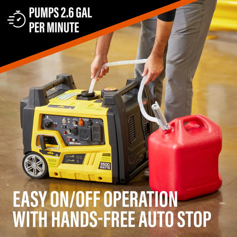 Battery Powered Stick Transfer Pump With Aa Batteries And 39 Inch Hose Flows Gas Or Diesel Smoothly At 2 6 GPM in use with generator and fuel can.