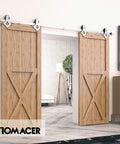 Brushed Nickel Sliding Barn Door Hardware Kit For Double Doors, 9ft Flat Track With Diamond Rollers, installed on wood doors