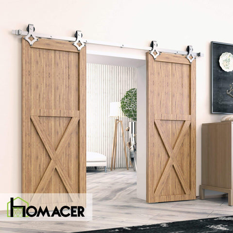 Brushed Nickel Sliding Barn Door Hardware Kit For Double Doors, 9ft Flat Track With Diamond Rollers, installed on wood doors