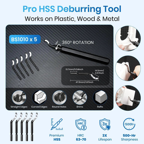 Pro Grade 84 Piece 3D Printer Tools Kit deburring tool with 360-degree rotation on textured surface