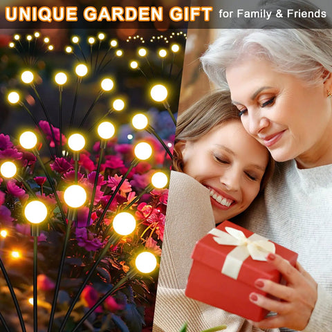 Solar Garden Lights Outdoor 4 Pack Swaying LED Fairy Lights illuminating flowers with elderly woman gifting present, waterproof design.