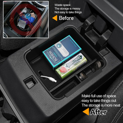 Before and after views of Mitsubishi Outlander Center Console Organizer Armrest Tray Insert 2022-2025, showcasing organized ABS storage box.