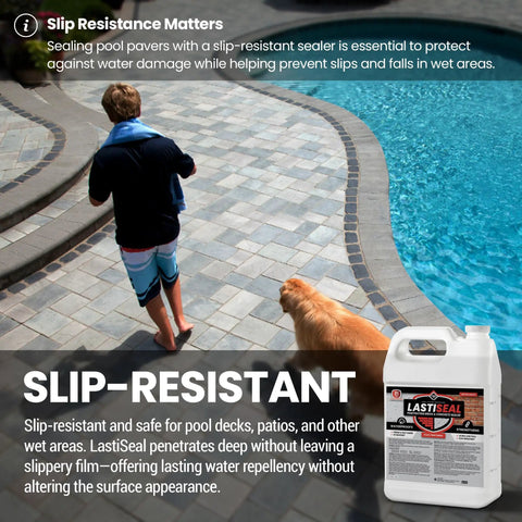Heavy Duty Brick And Concrete Sealer Five Gallon Bucket With Deep Soak Formula for pool deck slip resistance with user and dog.