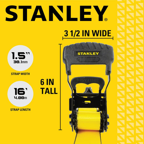 Heavy Duty Beefy Ratchet Tie Down Straps 1.5 Inch Wide 16 Foot Long Black And Yellow 3300 Lb Break Strength Four Pack detail
