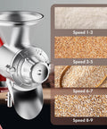 Grain mill attachment for KitchenAid stand mixer; silver metal body with hopper and dial.
