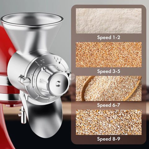 Grain mill attachment for KitchenAid stand mixer; silver metal body with hopper and dial.