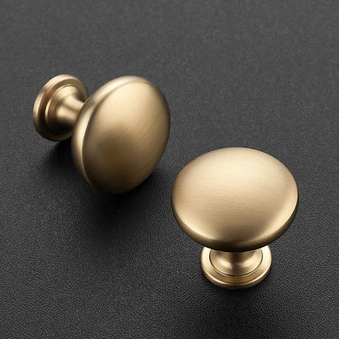 Champagne Bronze Cabinet Knobs 1-1/6 Inch Solid Zinc Alloy With Brushed Brass Finish 25 Pack Long Lasting Scratch Resistant Door Handles Easy Install For Kitchen Cabinets And Furniture Boss Look, two round knobs