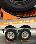 Premium Camper Leveler Kit With Curved RV Levelers, Wheel Chocks, Rubber Mats shown installed under RV tires