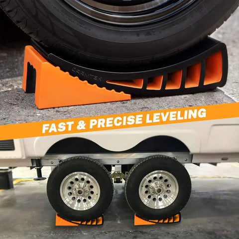 Premium Camper Leveler Kit With Curved RV Levelers, Wheel Chocks, Rubber Mats shown installed under RV tires