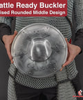 Person holding Battle Ready Medieval Buckler Shield With 16 Gauge Steel Construction And Arrow Edge Details, 12.75 inches