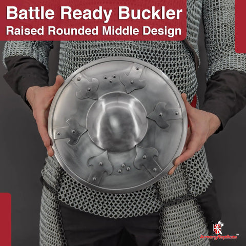 Person holding Battle Ready Medieval Buckler Shield With 16 Gauge Steel Construction And Arrow Edge Details, 12.75 inches