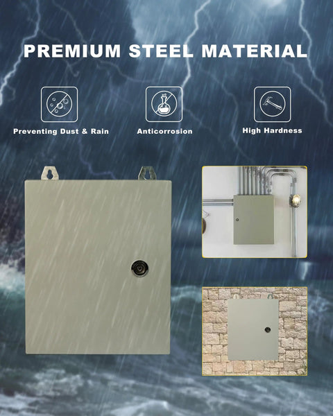 Rugged Weatherproof Outdoor Electrical Enclosure Box 8 By 8 By 6 Inch With Reinforced Lock, Heavy Duty Steel Junction Box For Harsh Environments, No-Fuss Install Backplane, Corrosion-Resistant Weatherproof Cabinet on wall