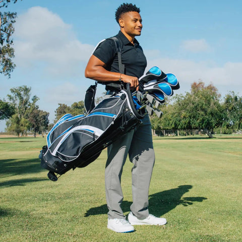 Person carrying S7 18 Piece Men's Golf Club Set With Titanium Driver, Fairway Woods, Hybrid, 5-SW Irons, Putter And Stand Bag