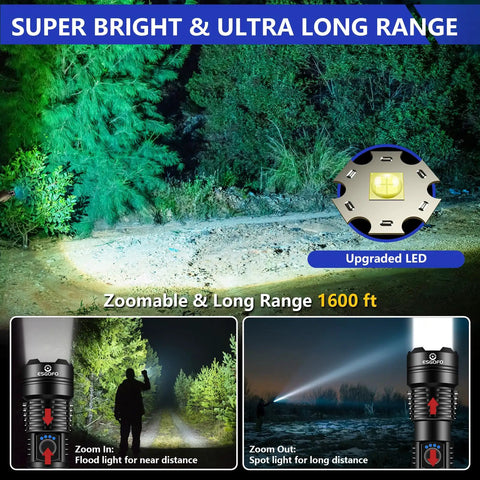 Ultra Bright 100000 Lumen Rechargeable LED Flashlight Handheld Spotlight For Outdoors Waterproof Long Lasting Emergency Torch illuminated path
