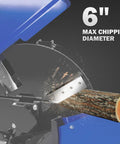 Close-up of 6 Inch 3 Point PTO Wood Chipper for 40-100 HP Tractors showing chipping action with 6 inch diameter log.