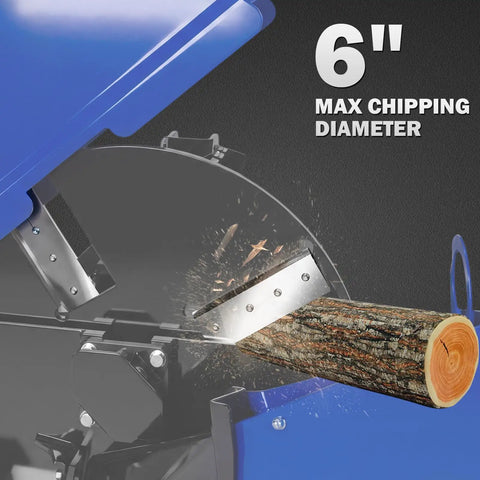 Close-up of 6 Inch 3 Point PTO Wood Chipper for 40-100 HP Tractors showing chipping action with 6 inch diameter log.