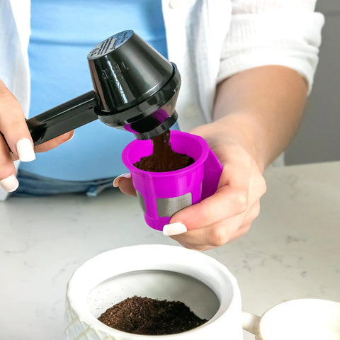Person using scoop to fill Cafe Fill Value Pack With Reusable K Cup Filters And Scoop For Keurig Brewers, 1-Stream Pod, Compatible With K-Duo.