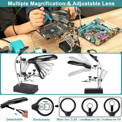 Soldering Station With Magnifier Light 2.5X 7.5X 10X Desktop Hands Free Handy Magnifying Glass With Stand And Alligator Clip Third Hand Tool